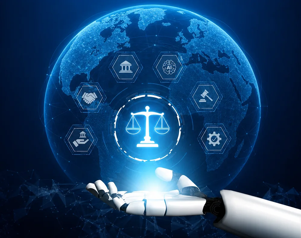 A robotic hand holding a globe ringed by icons for institutions, agreements, judgment and oversight