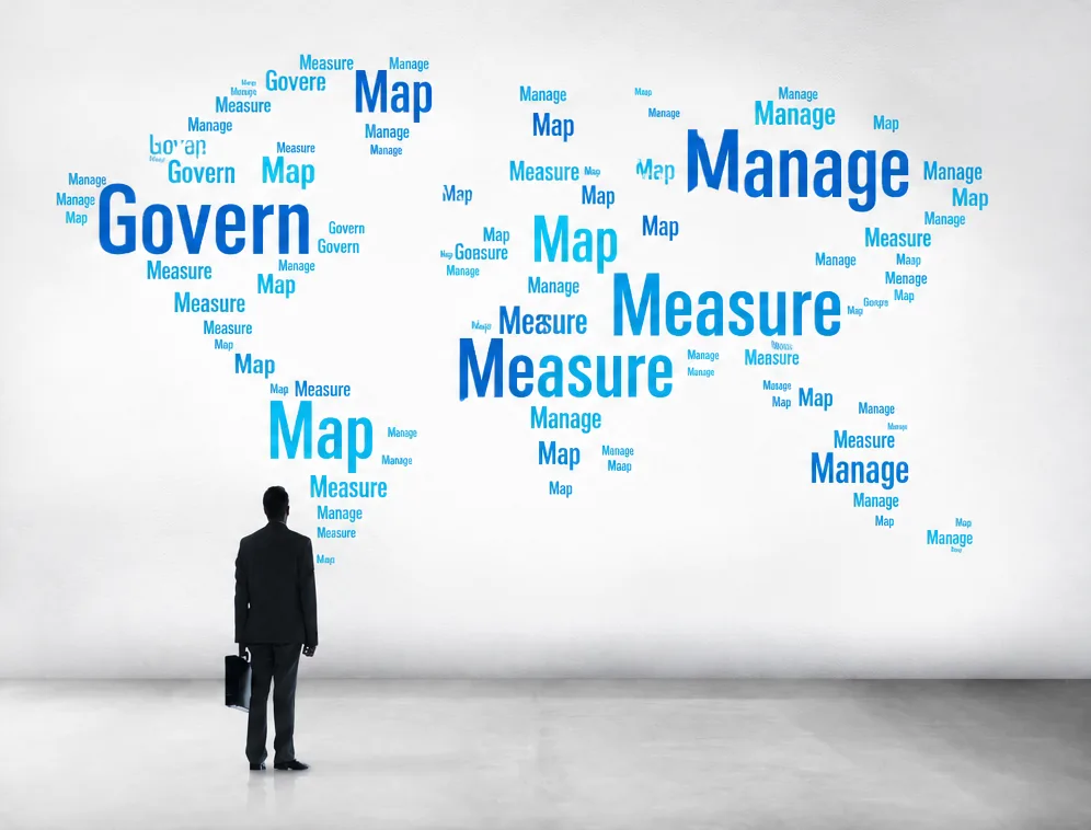A man with a briefcase faces a wall where the words Govern, Map, Measure and Manage form a world map