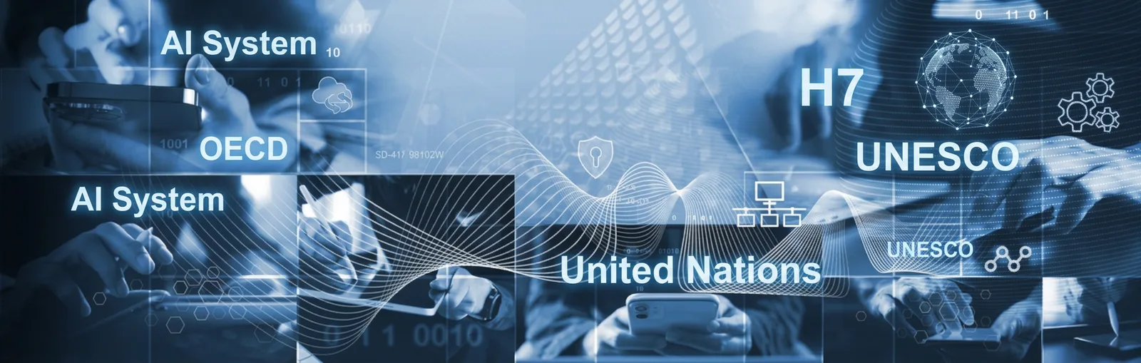 Collage of AI governance bodies: OECD, UNESCO, the United Nations and the G7, over hands using phones and tablets