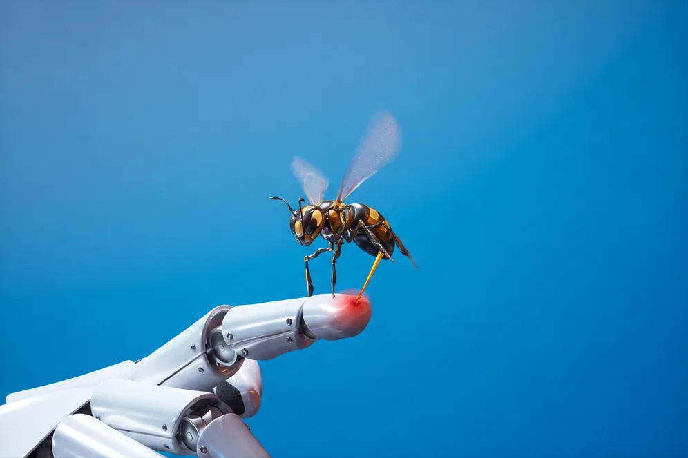 A robotic wasp stinging the fingertip of a white robotic hand against a blue sky