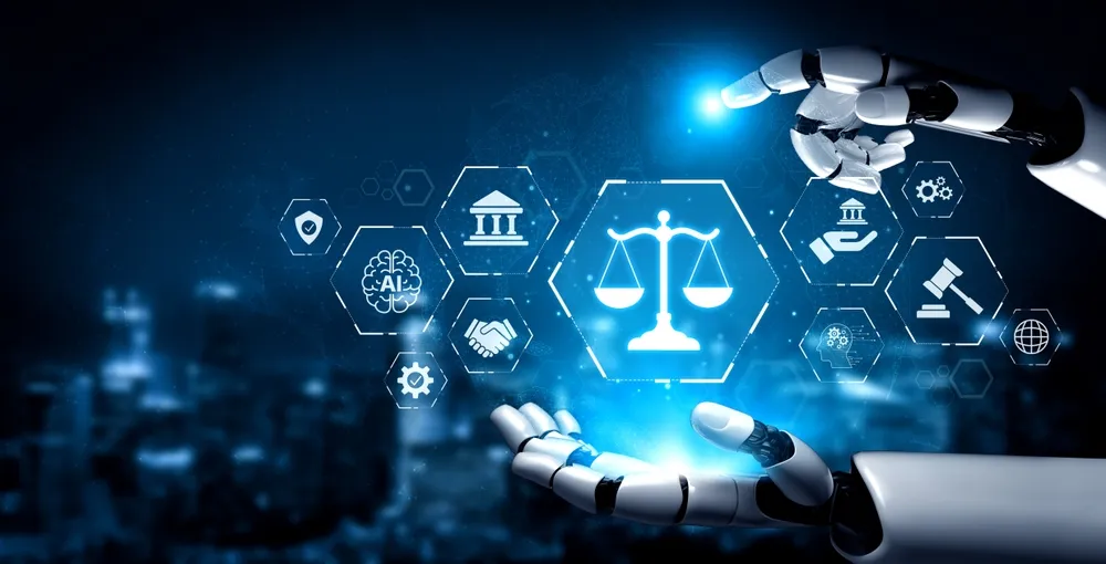 Robotic hands cradling a set of scales among icons for institutions, contracts and governance