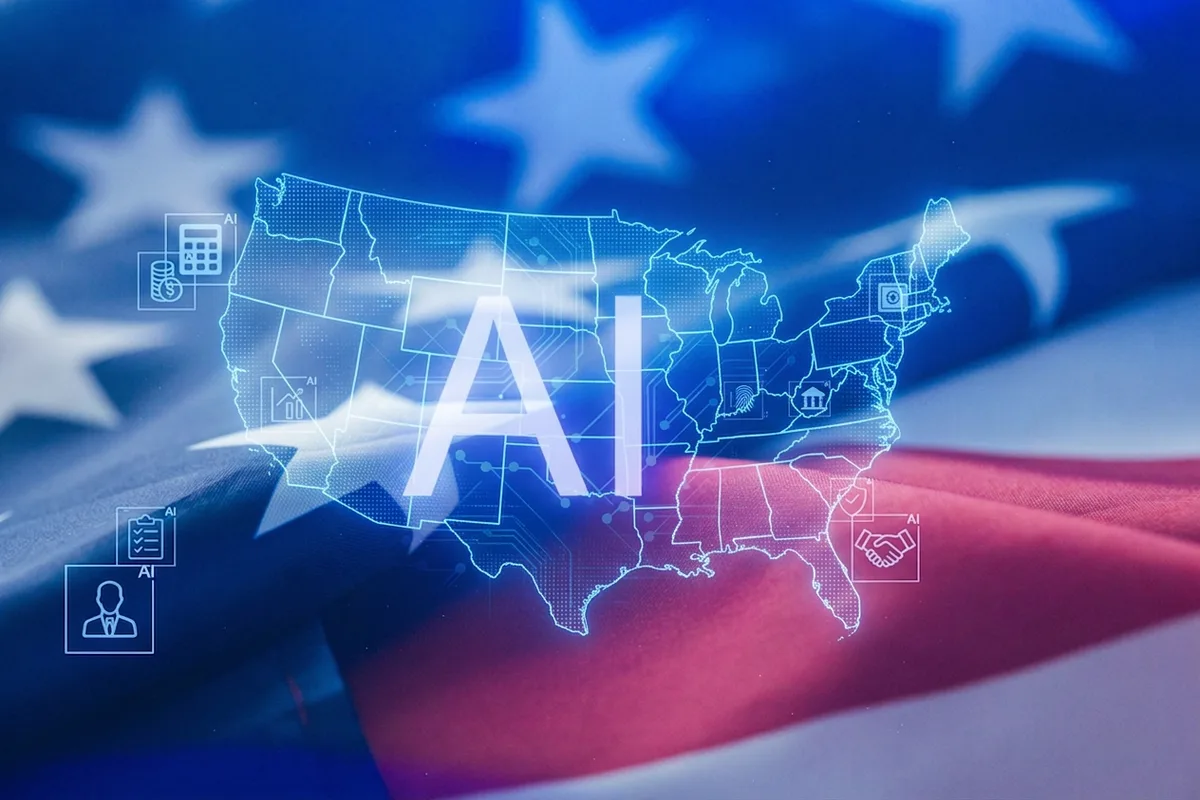 A map of the United States rendered as a circuit diagram over a US flag, ringed by icons for finance, employment, biometrics and public institutions